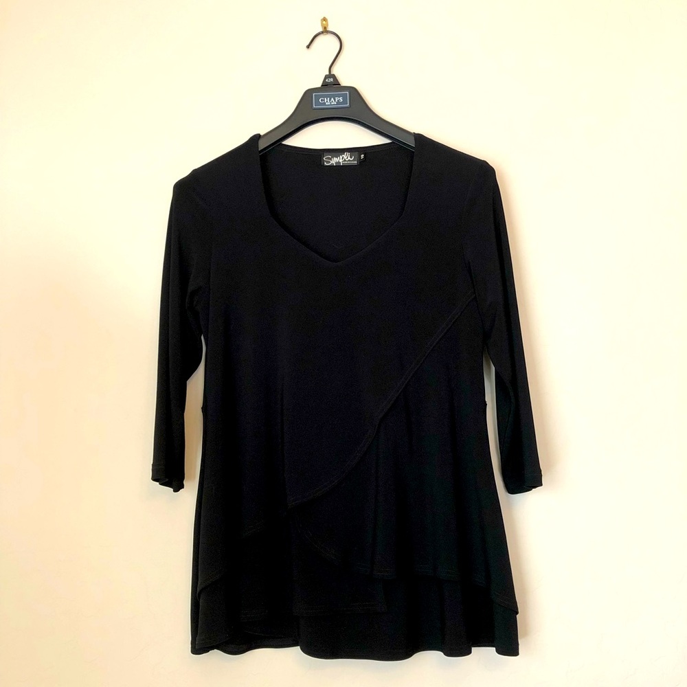 Black tiered tulip top by Simpli. Flattering on all body types